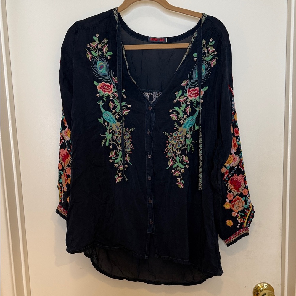 Johnny Was Navy Blouse with Multicolor Embroidery